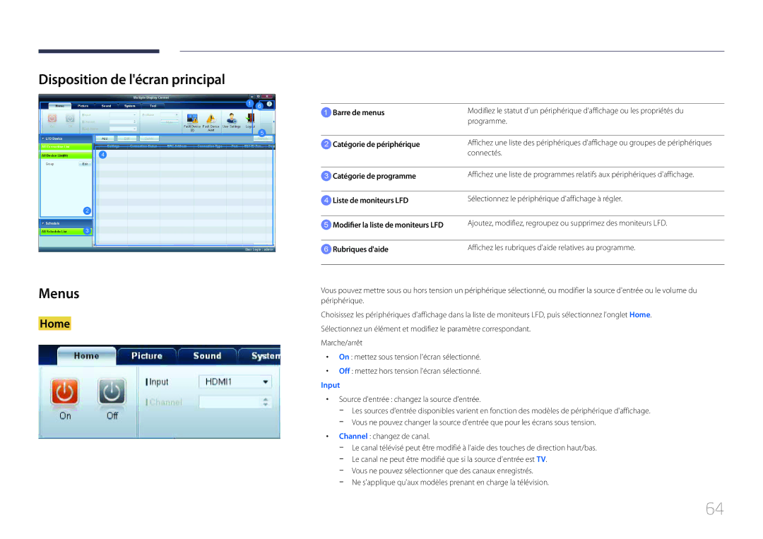 Samsung LH55UDDPLBB/EN manual Disposition de lécran principal Menus 