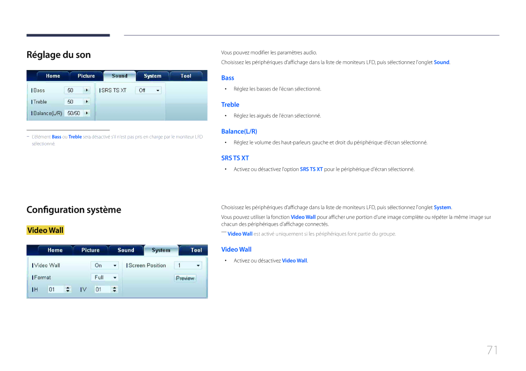 Samsung LH55UDDPLBB/EN manual Réglage du son, Configuration système, Réglez les basses de lécran sélectionné 