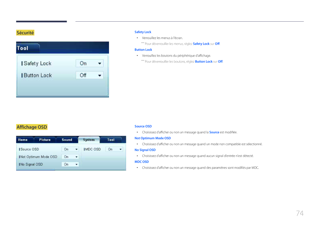 Samsung LH55UDDPLBB/EN manual Sécurité Affichage OSD, Verrouillez les menus à lécran 