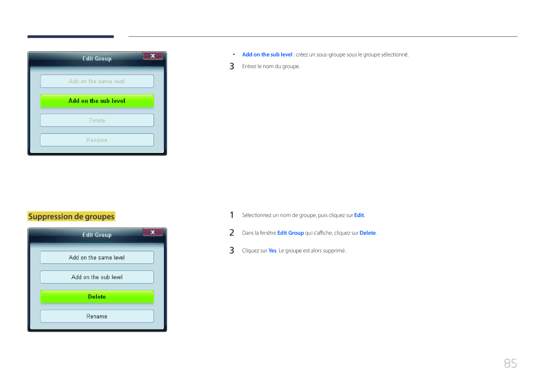 Samsung LH55UDDPLBB/EN manual Suppression de groupes 