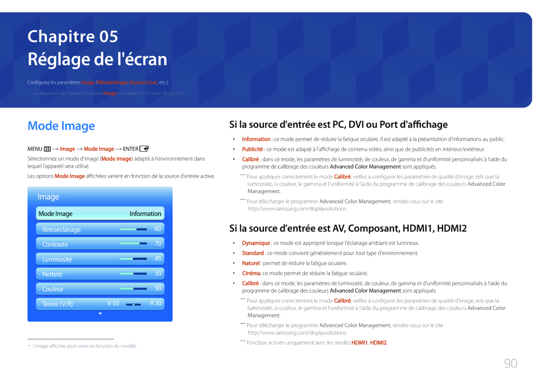 Samsung LH55UDDPLBB/EN manual Réglage de lécran, Mode Image, Si la source dentrée est PC, DVI ou Port daffichage 
