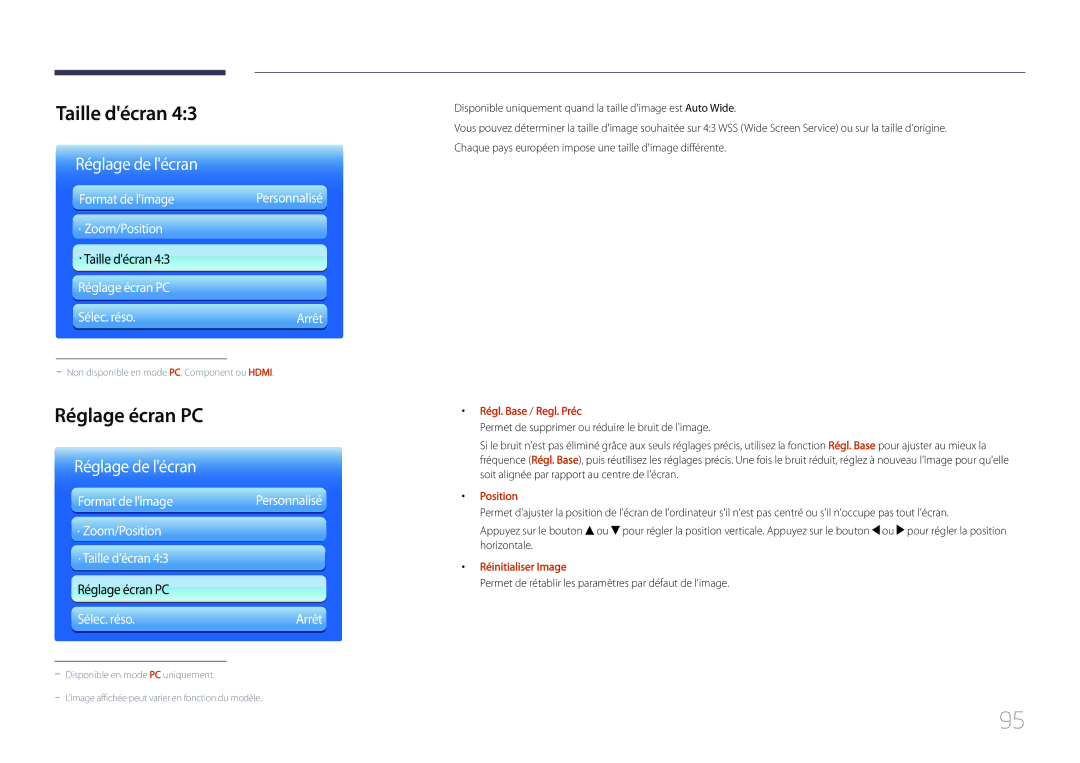 Samsung LH55UDDPLBB/EN manual Taille décran, Réglage écran PC, Régl. Base / Regl. Préc, Position, Réinitialiser Image 