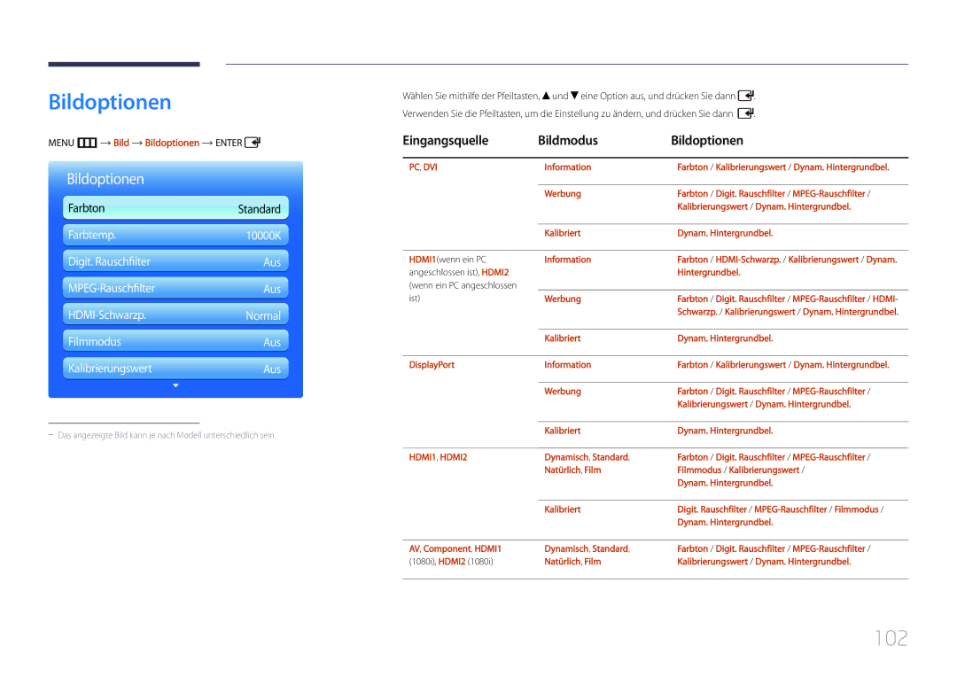 Samsung LH55UDDPLBB/EN manual 102, Eingangsquelle Bildmodus Bildoptionen, Menu m Bild Bildoptionen Enter 