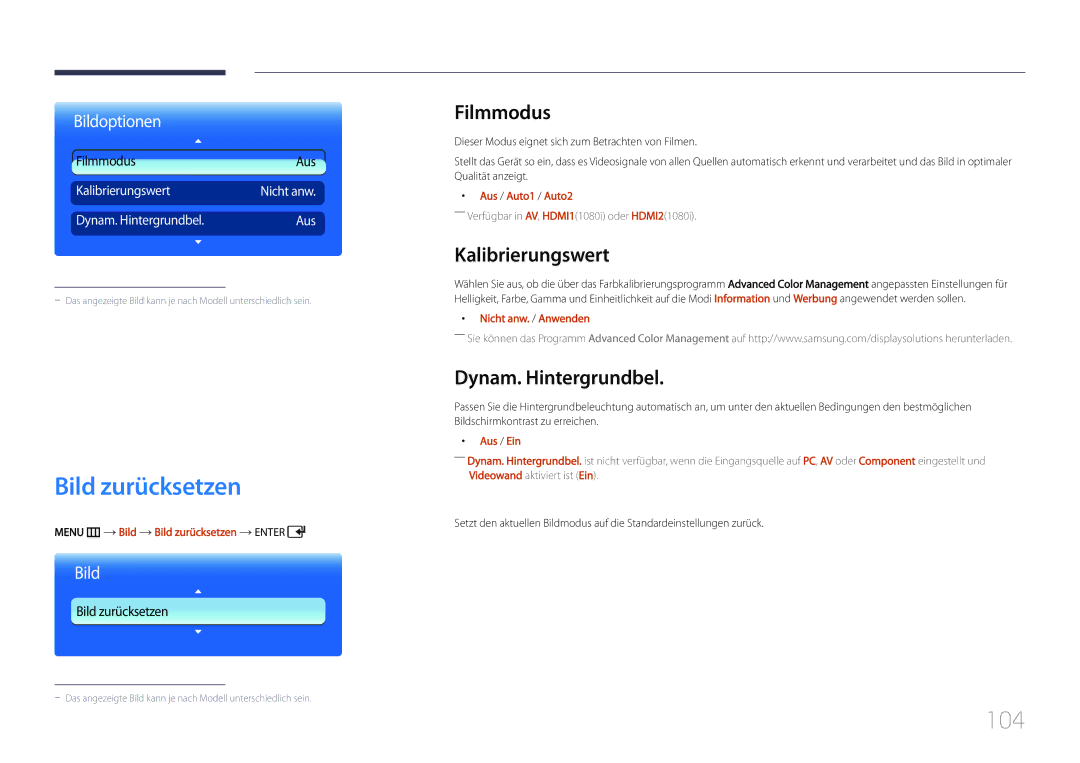 Samsung LH55UDDPLBB/EN manual Bild zurücksetzen, 104, Filmmodus, Kalibrierungswert, Dynam. Hintergrundbel 