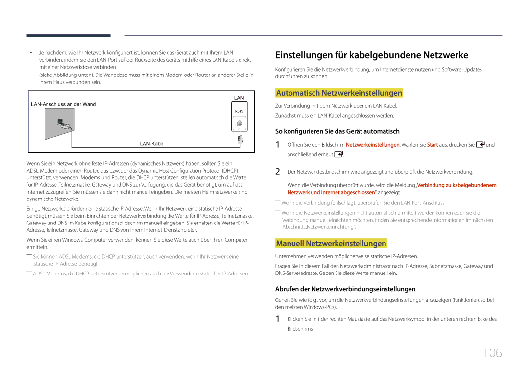 Samsung LH55UDDPLBB/EN manual 106, Einstellungen für kabelgebundene Netzwerke, Automatisch Netzwerkeinstellungen 