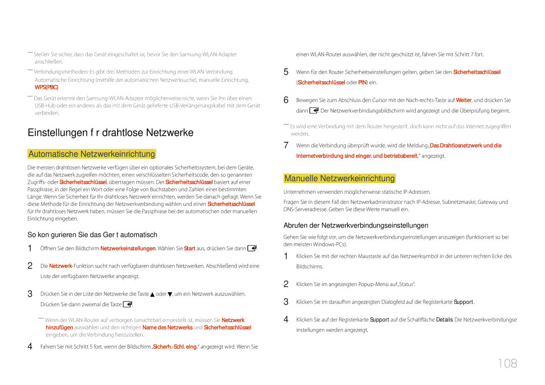 Samsung LH55UDDPLBB/EN manual 108, Einstellungen für drahtlose Netzwerke, Automatische Netzwerkeinrichtung 