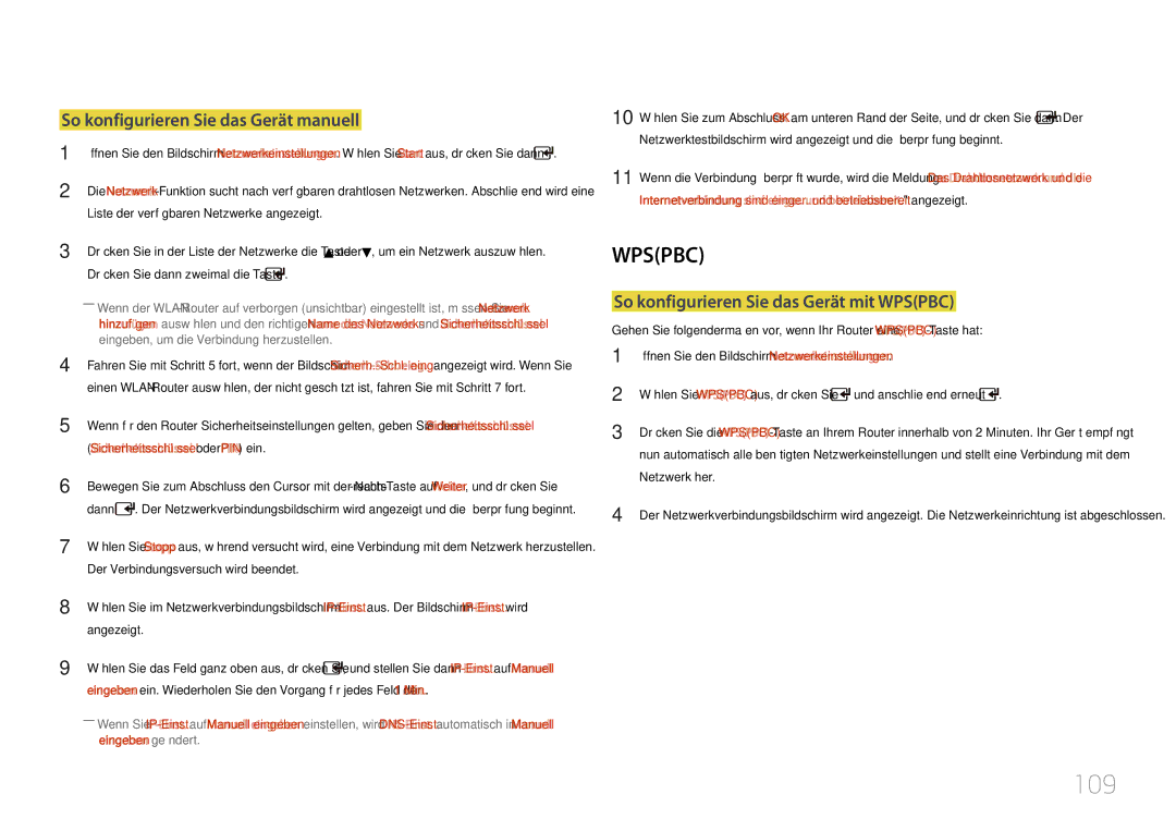 Samsung LH55UDDPLBB/EN manual 109, So konfigurieren Sie das Gerät manuell, So konfigurieren Sie das Gerät mit Wpspbc 