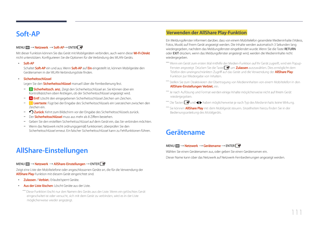Samsung LH55UDDPLBB/EN manual Soft-AP, AllShare-Einstellungen, Gerätename, 111, Verwenden der AllShare Play-Funktion 
