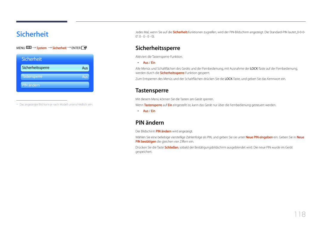 Samsung LH55UDDPLBB/EN manual 118, Sicherheitssperre, Tastensperre, PIN ändern 