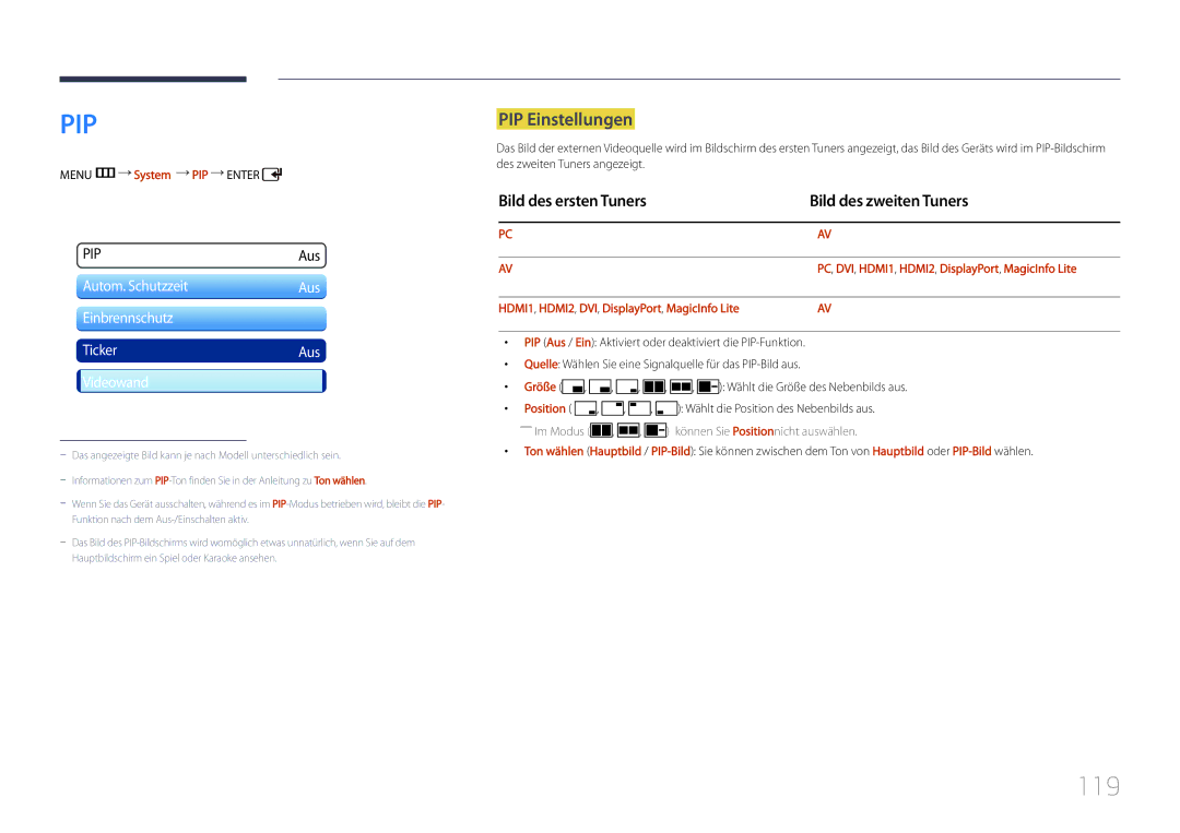 Samsung LH55UDDPLBB/EN 119, PIP Einstellungen, Bild des ersten Tuners Bild des zweiten Tuners, Menu m System PIP Enter 