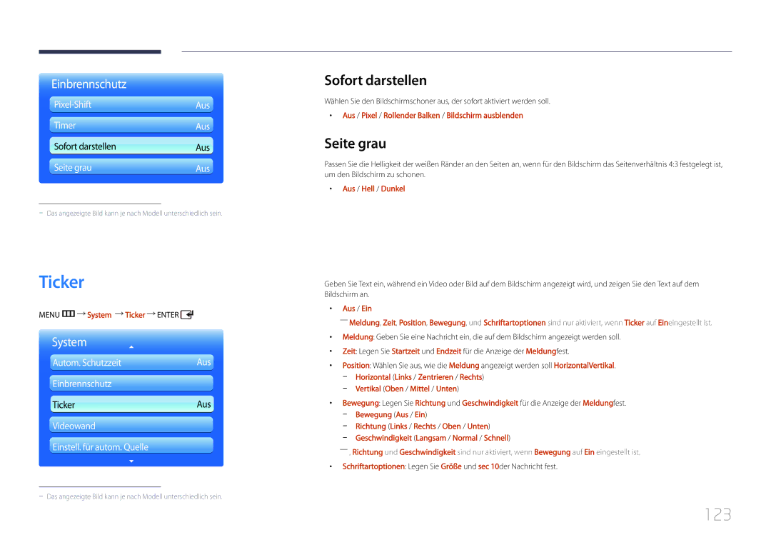 Samsung LH55UDDPLBB/EN manual Ticker, 123, Sofort darstellen, Seite grau 