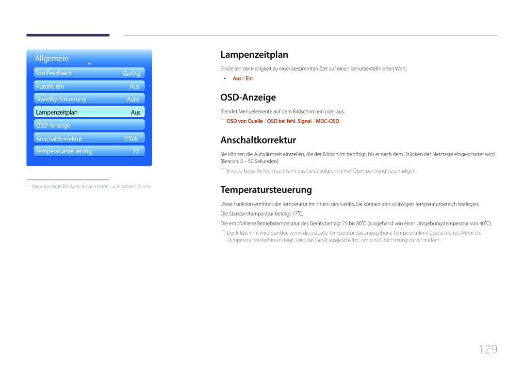 Samsung LH55UDDPLBB/EN manual 129, Lampenzeitplan, OSD-Anzeige, Anschaltkorrektur, Temperatursteuerung 