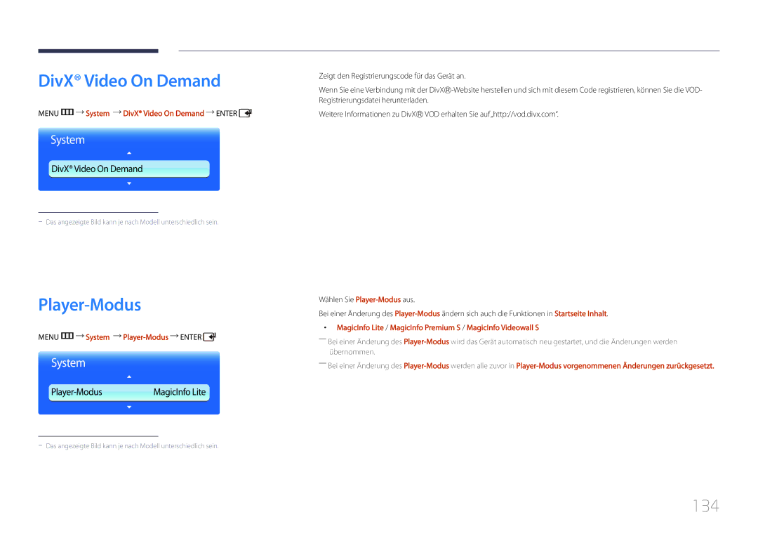 Samsung LH55UDDPLBB/EN manual 134, Menu m System DivX Video On Demand Enter, Menu m System Player-Modus Enter 