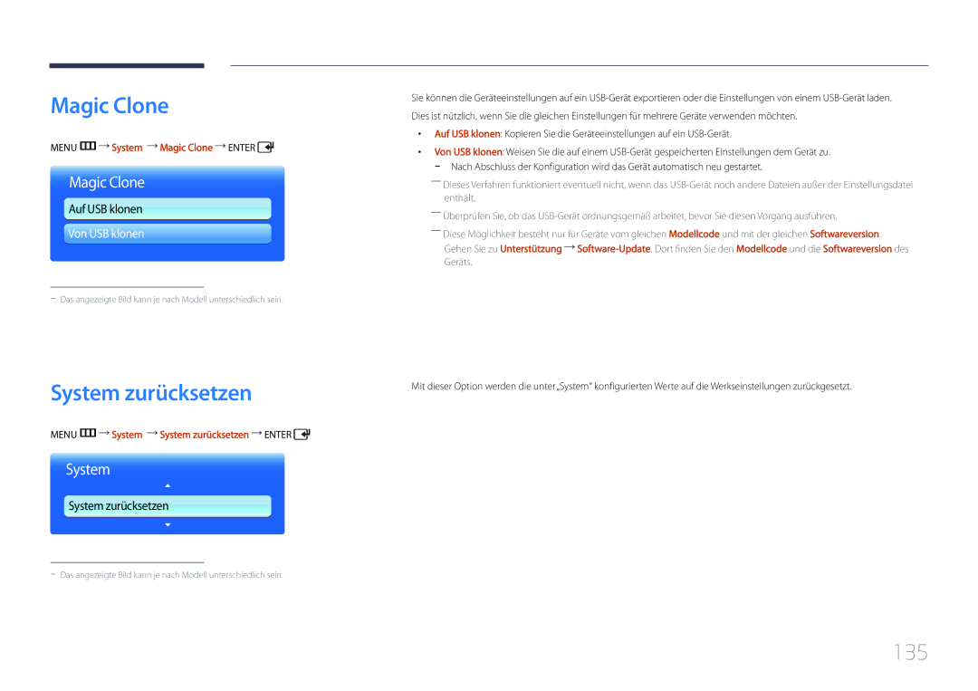 Samsung LH55UDDPLBB/EN manual System zurücksetzen, 135, Menu m System Magic Clone Enter 