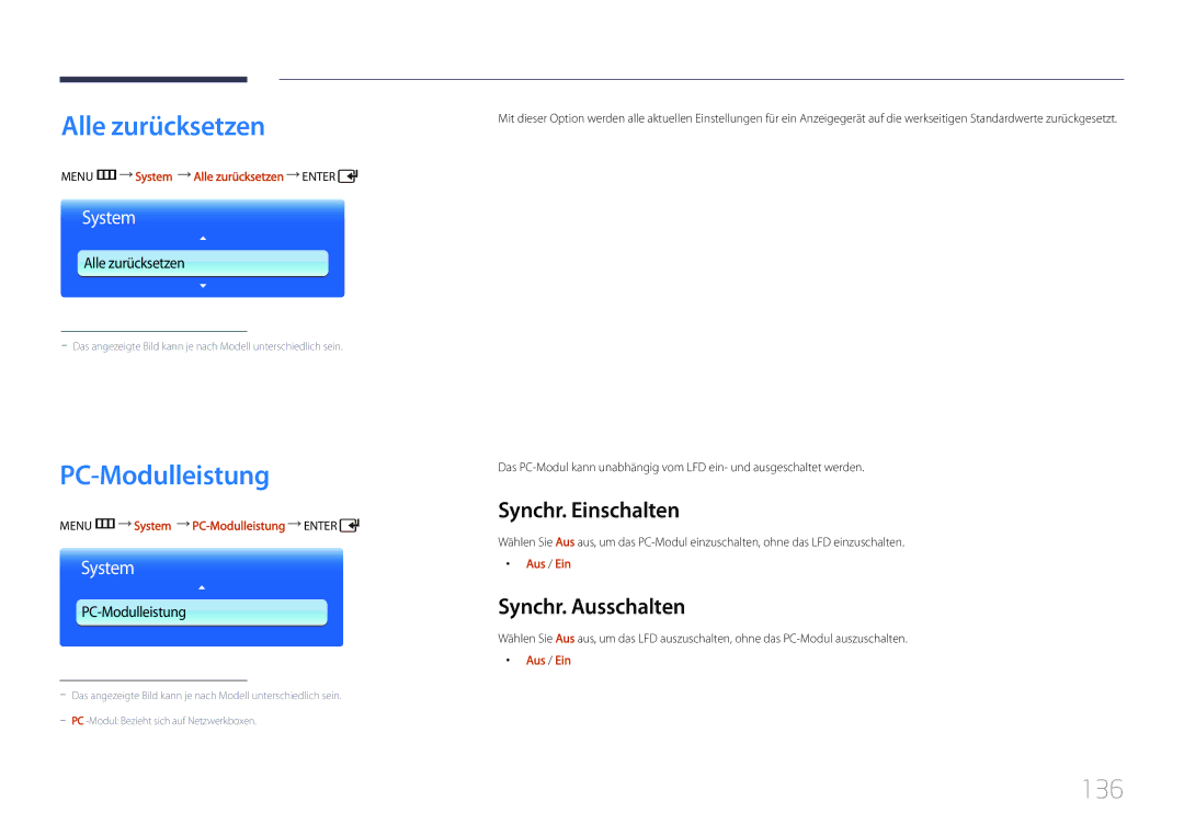 Samsung LH55UDDPLBB/EN manual Alle zurücksetzen, PC-Modulleistung, 136, Synchr. Einschalten, Synchr. Ausschalten 