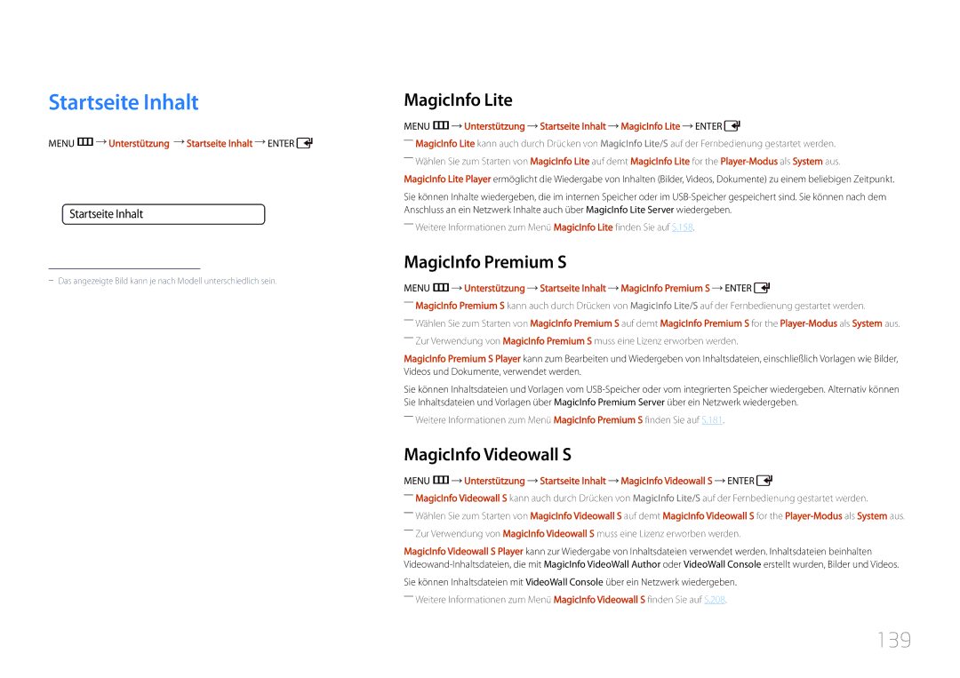 Samsung LH55UDDPLBB/EN manual Startseite Inhalt, 139, MagicInfo Lite, MagicInfo Premium S, MagicInfo Videowall S 