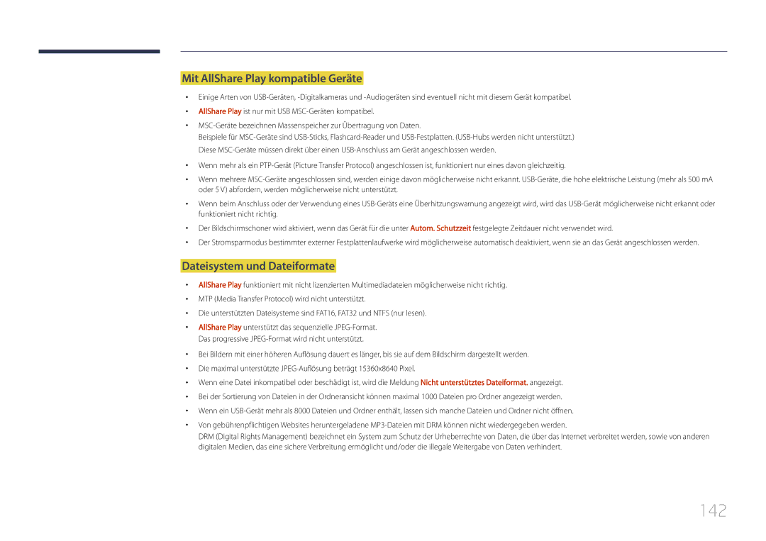 Samsung LH55UDDPLBB/EN manual 142, Mit AllShare Play kompatible Geräte, Dateisystem und Dateiformate 