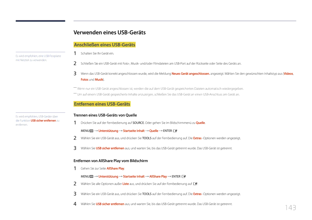 Samsung LH55UDDPLBB/EN manual 143, Verwenden eines USB-Geräts, Anschließen eines USB-Geräts, Entfernen eines USB-Geräts 