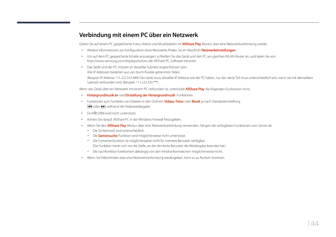 Samsung LH55UDDPLBB/EN manual 144, Verbindung mit einem PC über ein Netzwerk 