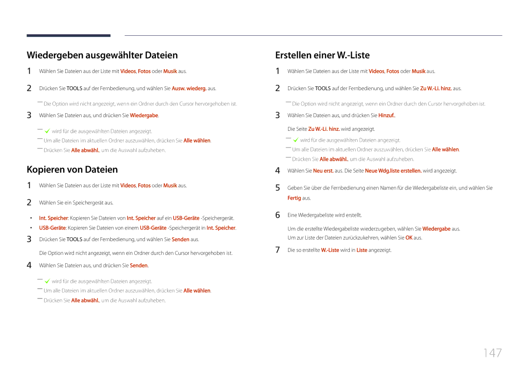 Samsung LH55UDDPLBB/EN 147, Wiedergeben ausgewählter Dateien, Kopieren von Dateien, Erstellen einer W.-Liste, Fertig aus 