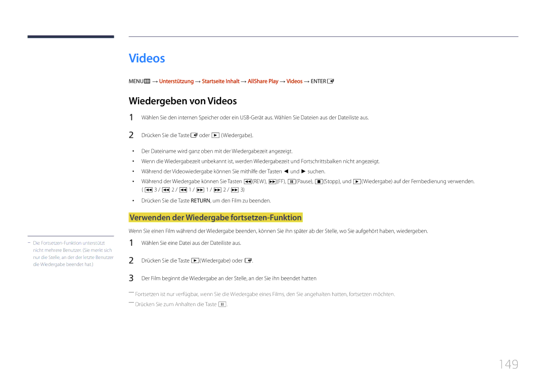 Samsung LH55UDDPLBB/EN manual 149, Wiedergeben von Videos, Verwenden der Wiedergabe fortsetzen-Funktion 
