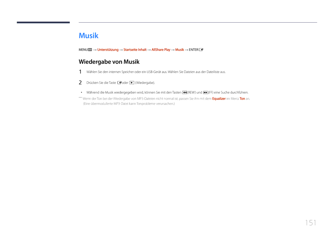 Samsung LH55UDDPLBB/EN manual 151, Wiedergabe von Musik, Drücken Sie die Taste Eoder ∂Wiedergabe 