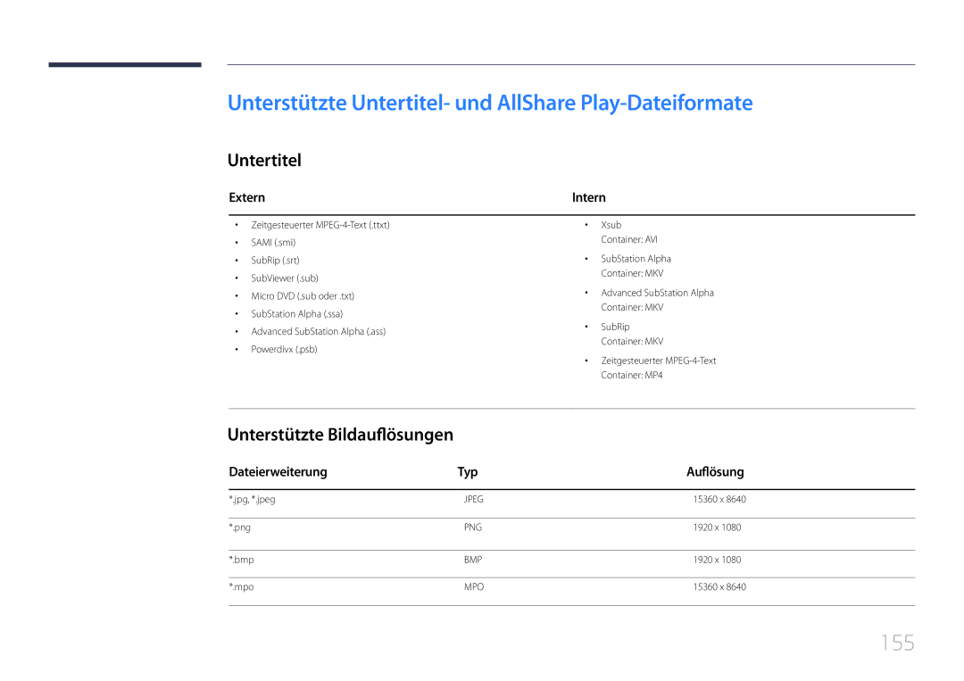 Samsung LH55UDDPLBB/EN manual Unterstützte Untertitel- und AllShare Play-Dateiformate, 155, Unterstützte Bildauflösungen 