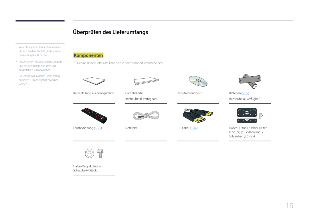 Samsung LH55UDDPLBB/EN manual Überprüfen des Lieferumfangs, Komponenten 