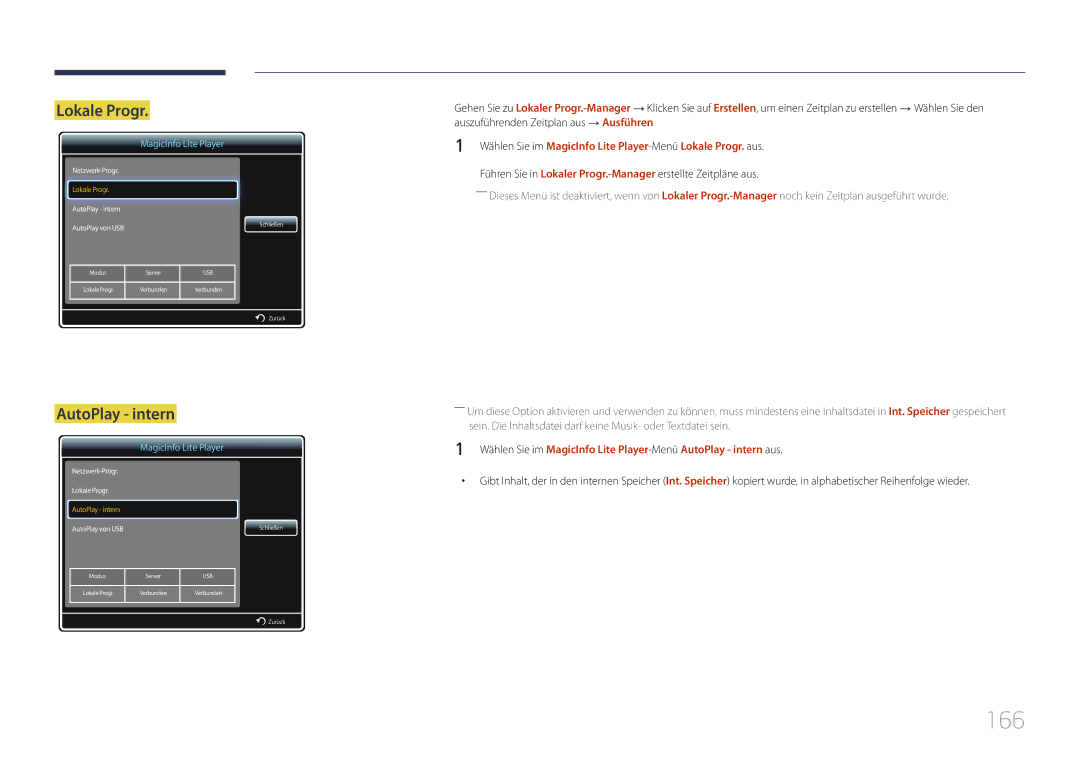 Samsung LH55UDDPLBB/EN 166, Lokale Progr, AutoPlay intern, Führen Sie in Lokaler Progr.-Managererstellte Zeitpläne aus 