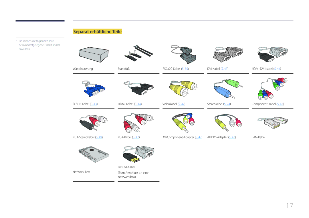 Samsung LH55UDDPLBB/EN manual Separat erhältliche Teile 