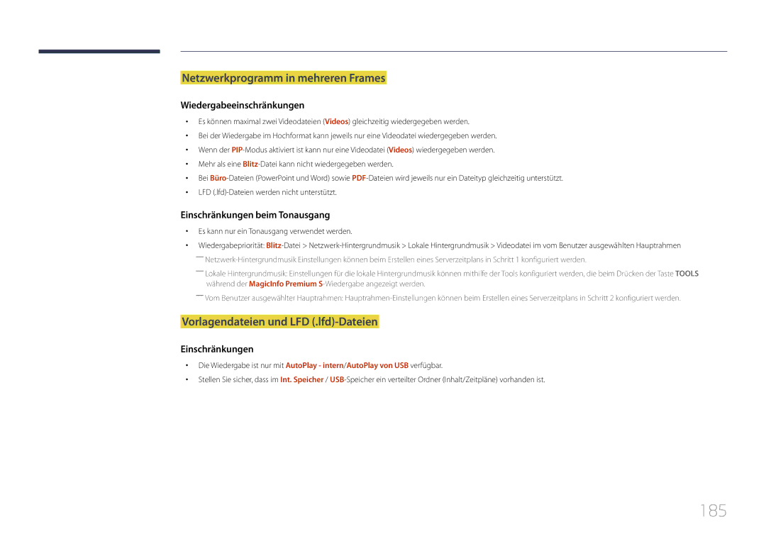 Samsung LH55UDDPLBB/EN manual 185, Netzwerkprogramm in mehreren Frames, Vorlagendateien und LFD .lfd-Dateien 