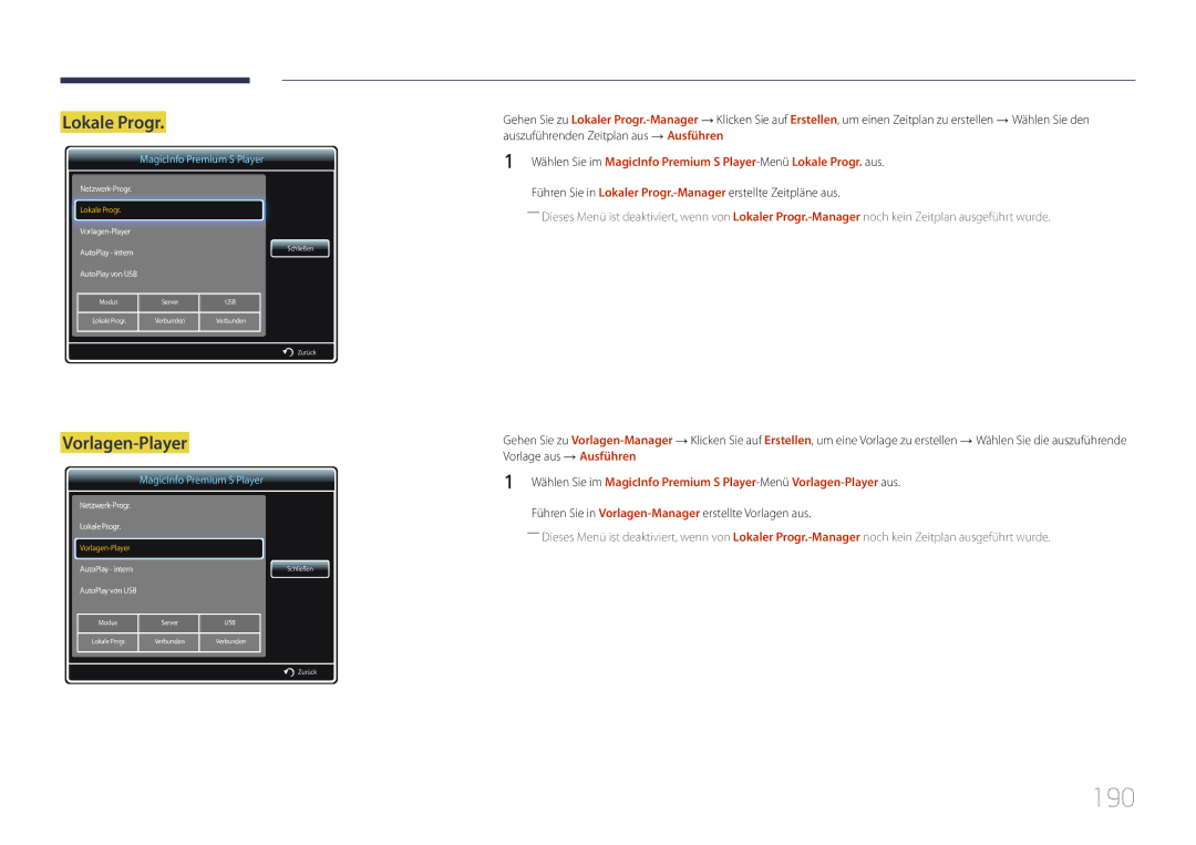 Samsung LH55UDDPLBB/EN manual 190, Vorlagen-Player, Führen Sie in Vorlagen-Managererstellte Vorlagen aus 