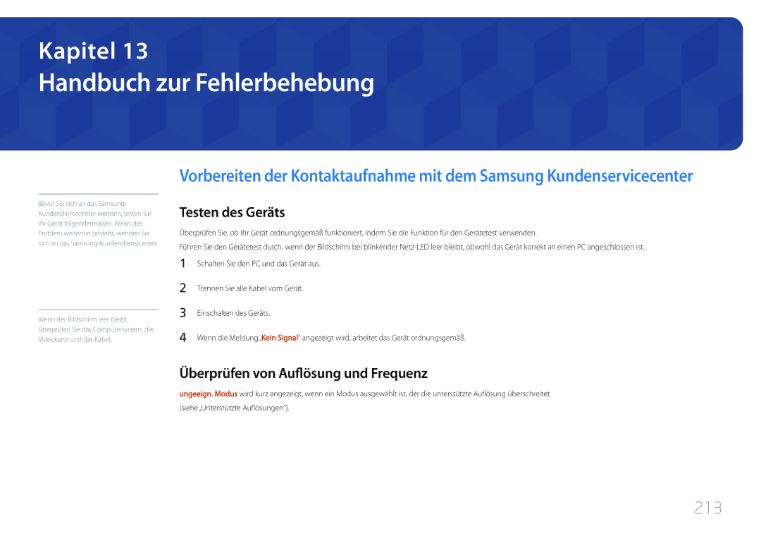 Samsung LH55UDDPLBB/EN manual Handbuch zur Fehlerbehebung, 213, Testen des Geräts, Überprüfen von Auflösung und Frequenz 