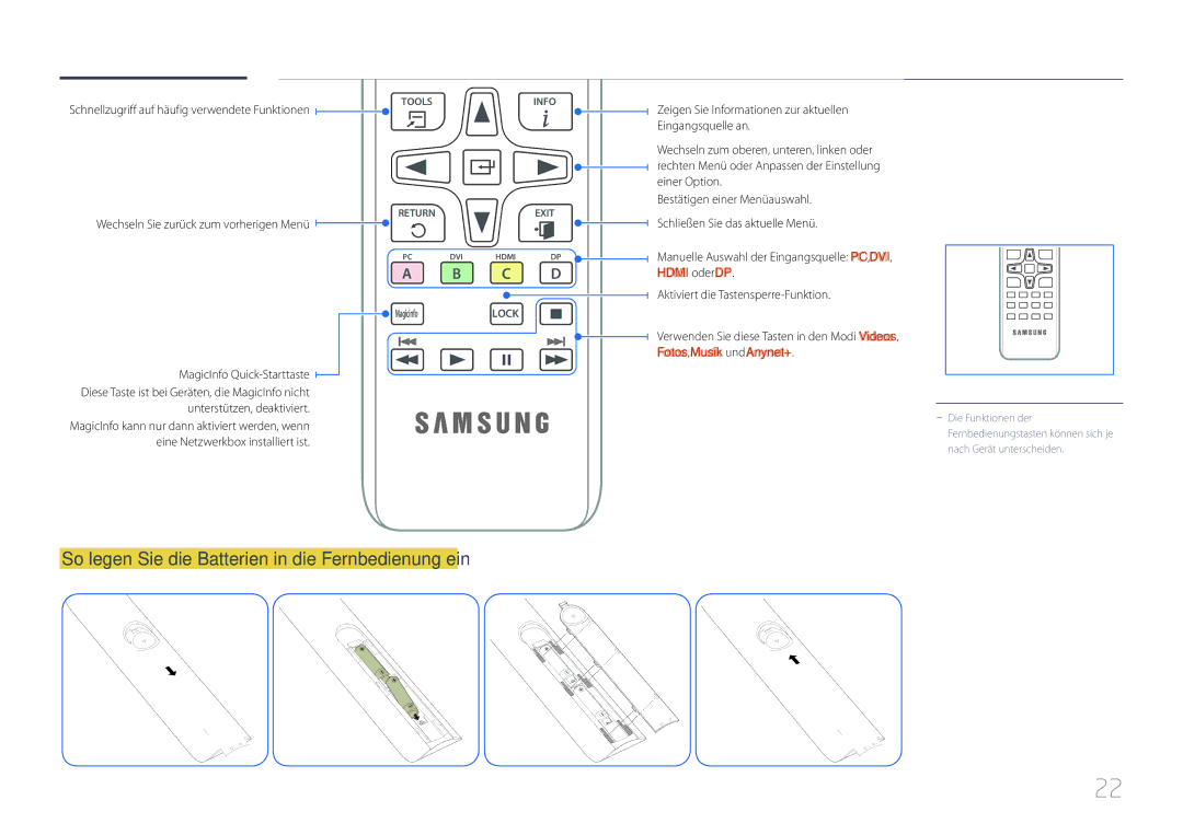 Samsung LH55UDDPLBB/EN manual So legen Sie die Batterien in die Fernbedienung ein, Wechseln Sie zurück zum vorherigen Menü 