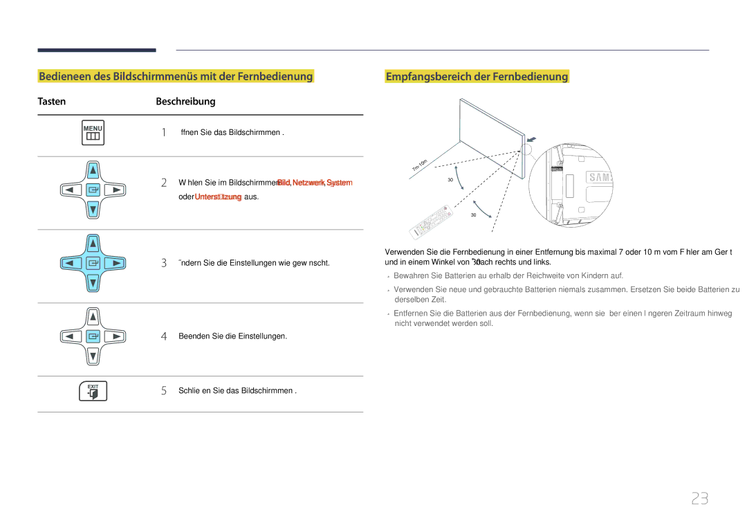 Samsung LH55UDDPLBB/EN manual Bedieneen des Bildschirmmenüs mit der Fernbedienung, Empfangsbereich der Fernbedienung 