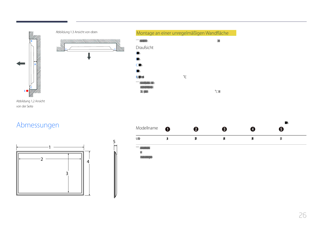 Samsung LH55UDDPLBB/EN manual Abmessungen, Montage an einer unregelmäßigen Wandfläche, Draufsicht, Modellname 