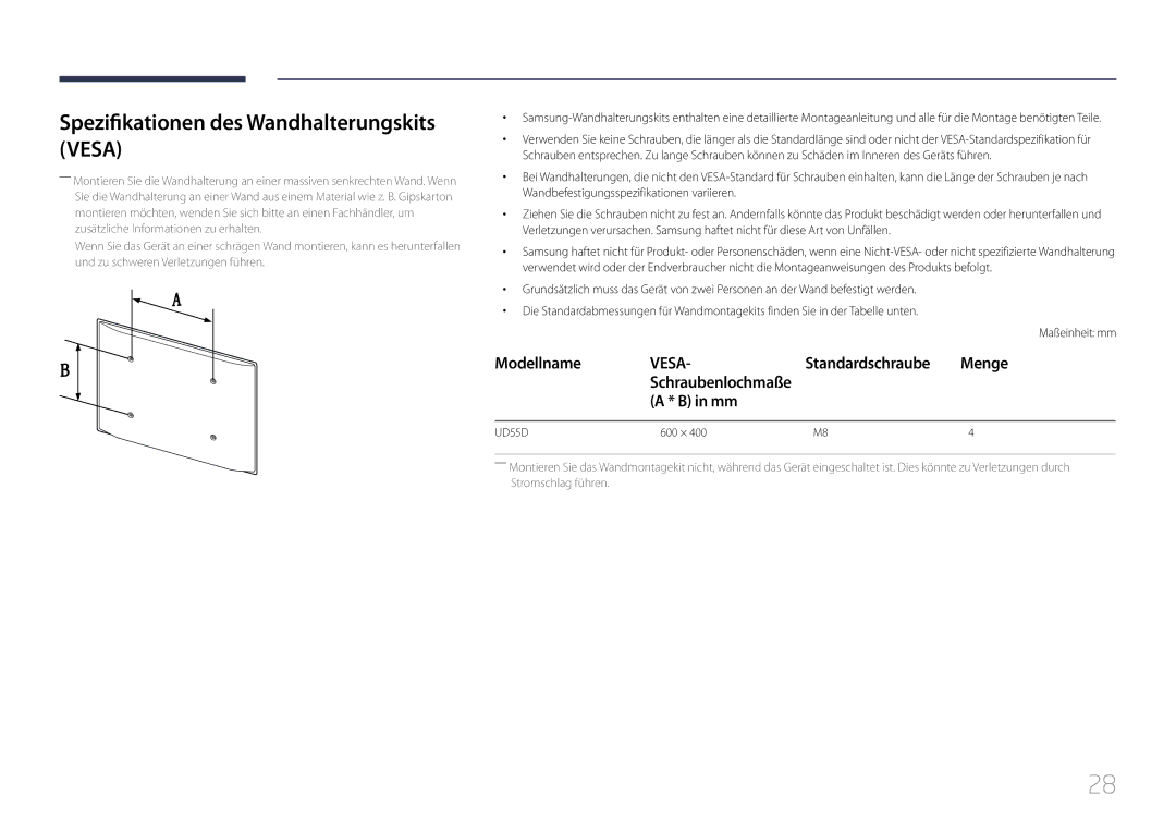 Samsung LH55UDDPLBB/EN manual Spezifikationen des Wandhalterungskits Vesa, Menge 