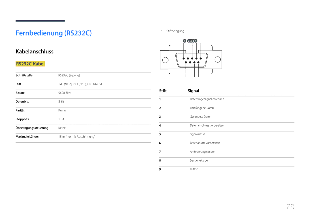 Samsung LH55UDDPLBB/EN manual Fernbedienung RS232C, Kabelanschluss, RS232C-Kabel, Stift Signal 