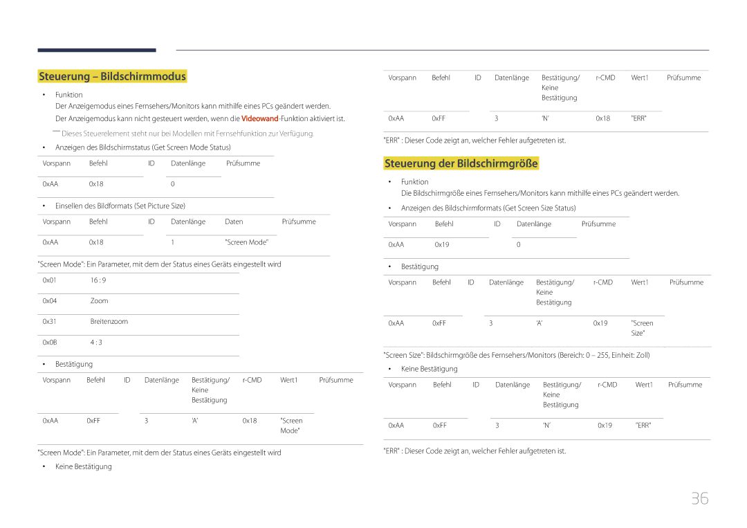 Samsung LH55UDDPLBB/EN manual Steuerung Bildschirmmodus, Steuerung der Bildschirmgröße, Funktion 