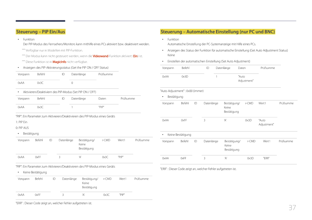 Samsung LH55UDDPLBB/EN manual Steuerung PIP Ein/Aus, Steuerung Automatische Einstellung nur PC und BNC 