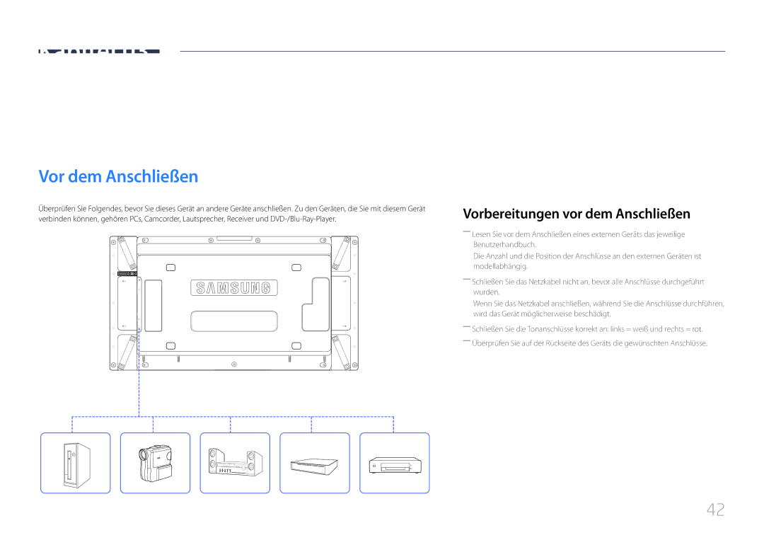 Samsung LH55UDDPLBB/EN manual Anschließen und Verwenden eines externen Geräts, Vor dem Anschließen 