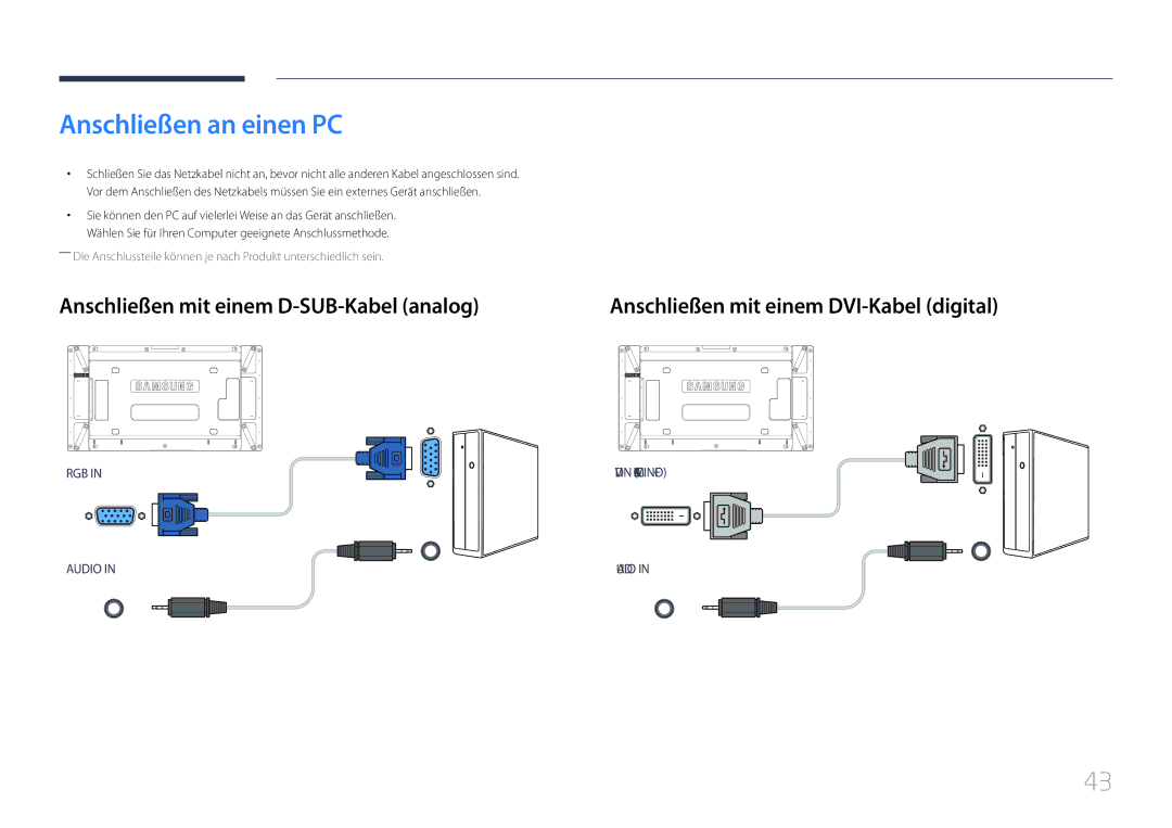 Samsung LH55UDDPLBB/EN manual Anschließen an einen PC, Anschließen mit einem D-SUB-Kabel analog 