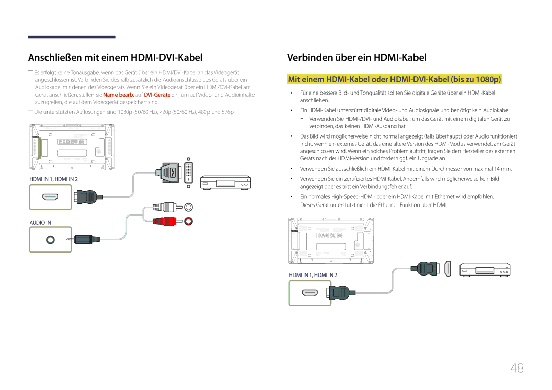 Samsung LH55UDDPLBB/EN manual Verbinden über ein HDMI-Kabel, Mit einem HDMI-Kabel oder HDMI-DVI-Kabel bis zu 1080p 