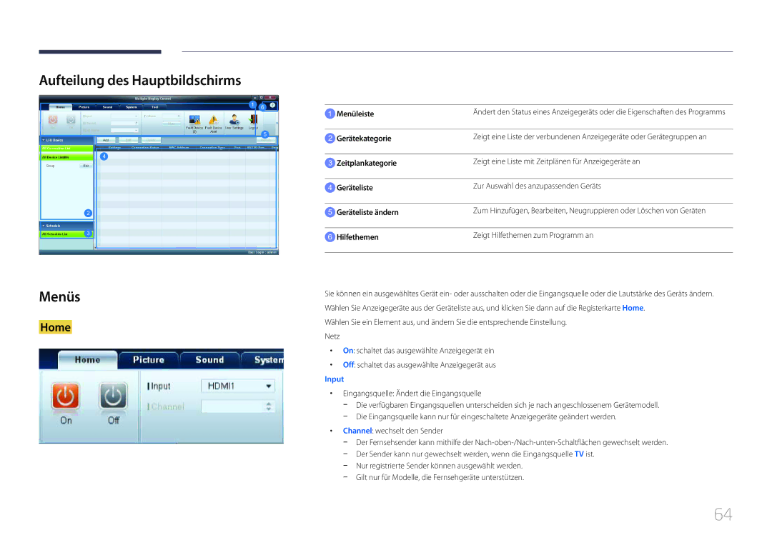 Samsung LH55UDDPLBB/EN manual Aufteilung des Hauptbildschirms Menüs 