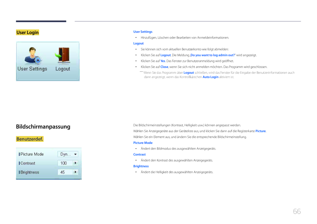 Samsung LH55UDDPLBB/EN manual Bildschirmanpassung, Benutzerdef, Ändert den Bildmodus des ausgewählten Anzeigegeräts 