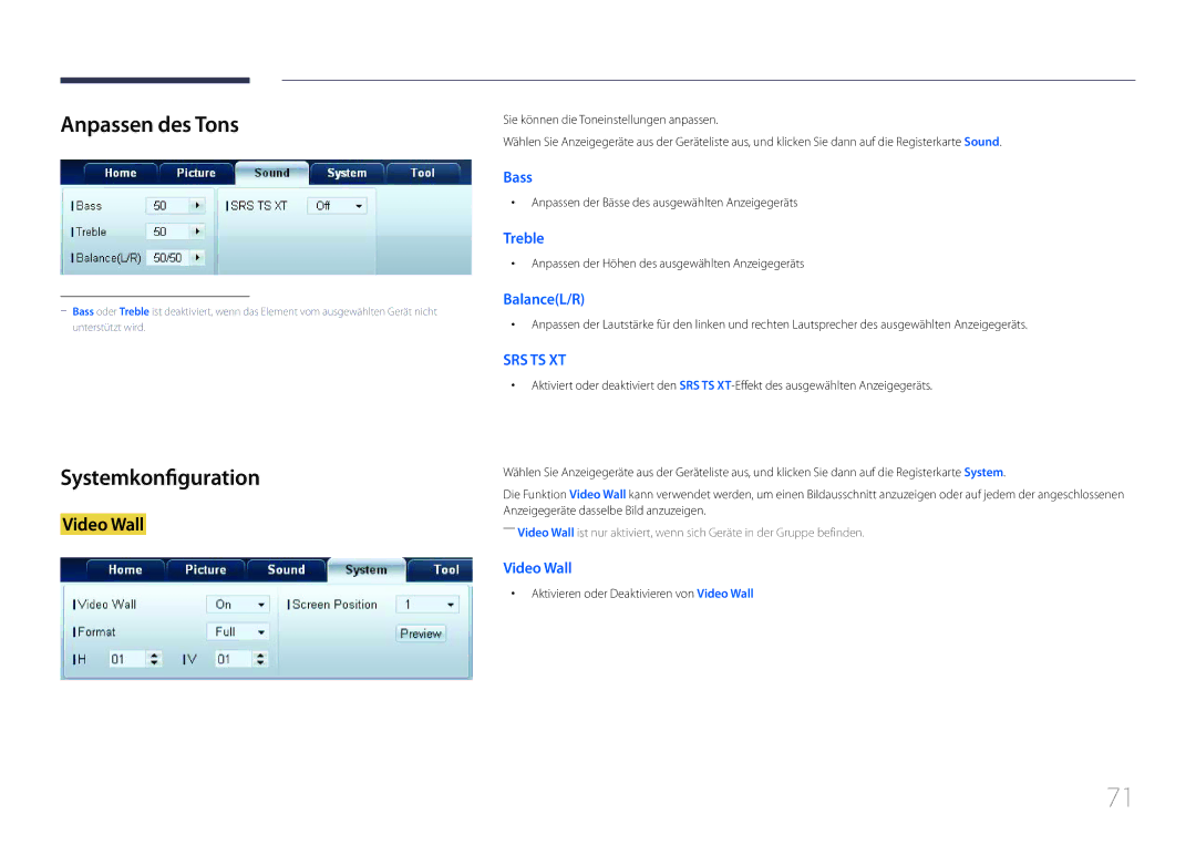 Samsung LH55UDDPLBB/EN manual Anpassen des Tons, Systemkonfiguration, Anpassen der Bässe des ausgewählten Anzeigegeräts 