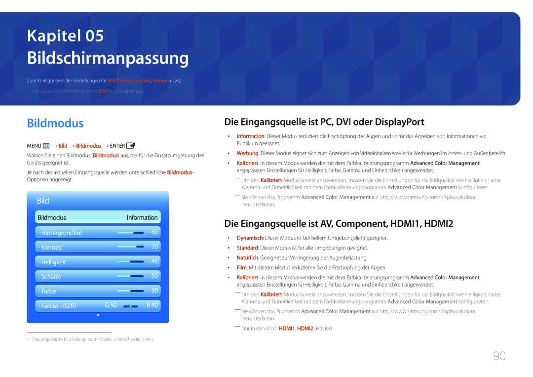 Samsung LH55UDDPLBB/EN manual Bildschirmanpassung, Bildmodus, Die Eingangsquelle ist PC, DVI oder DisplayPort 