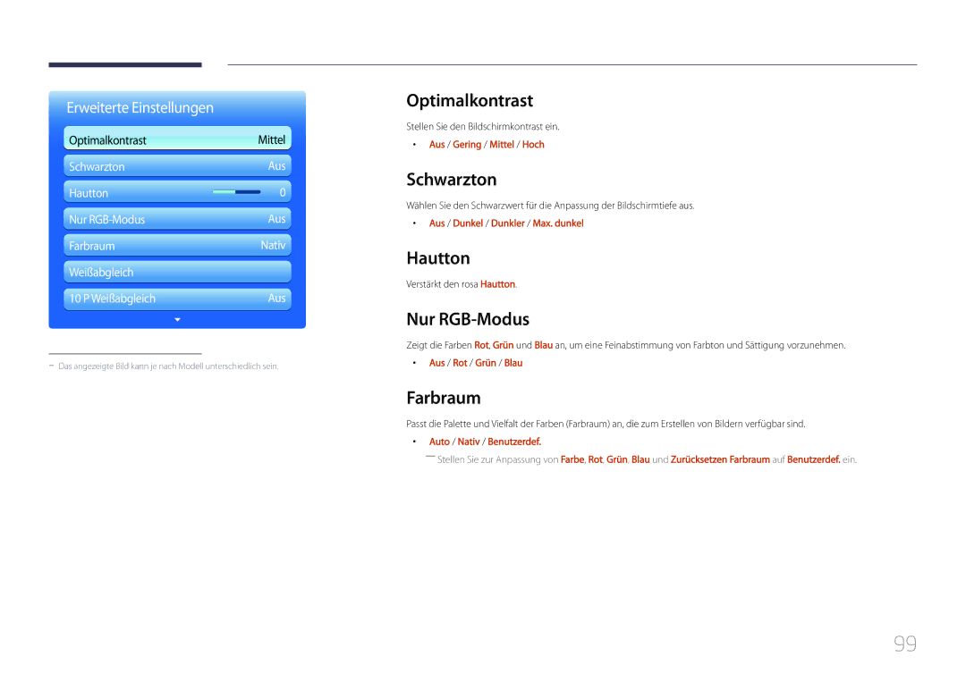 Samsung LH55UDDPLBB/EN manual Optimalkontrast, Schwarzton, Hautton, Nur RGB-Modus, Farbraum 