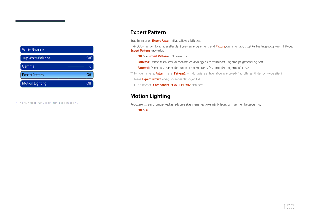 Samsung LH55UDDPLBB/EN manual 100, Expert Pattern, Motion Lighting 