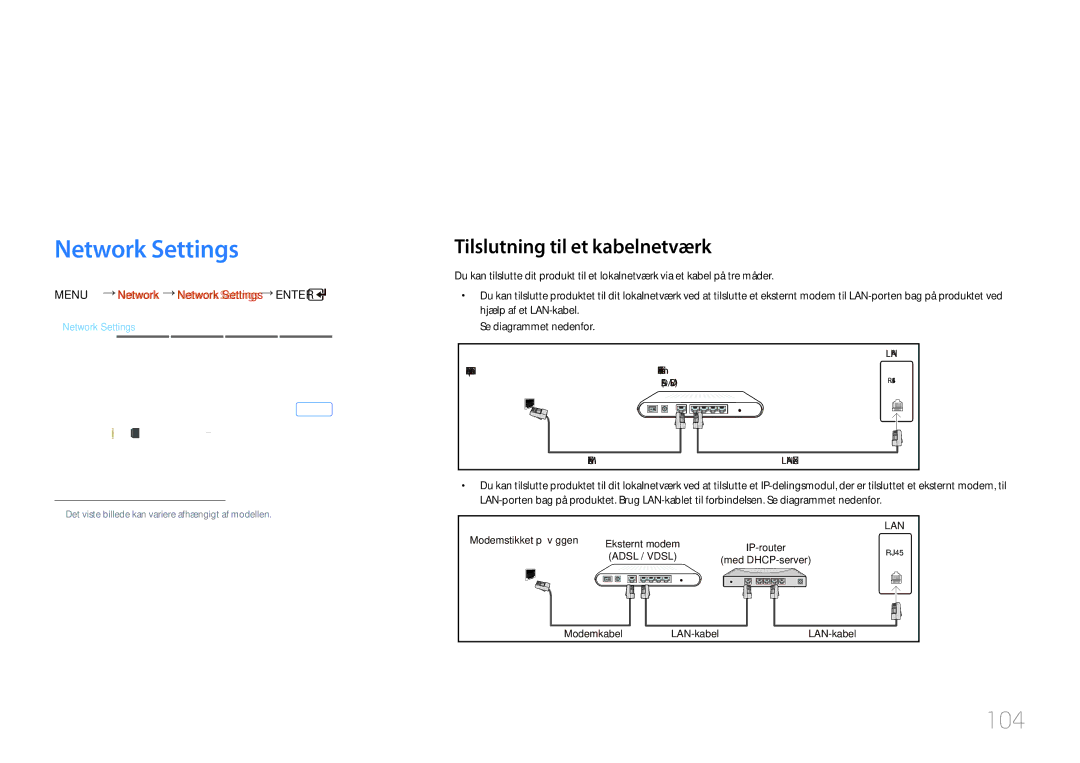 Samsung LH55UDDPLBB/EN manual Netværk, Network Settings, 104, Tilslutning til et kabelnetværk 